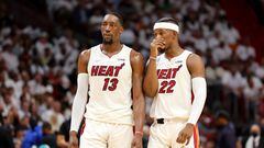 MIAMI, FLORIDA - MAY 19: Bam Adebayo #13 and Jimmy Butler #22 of the Miami Heat talk during the second quarter against the Boston Celtics in Game Two of the 2022 NBA Playoffs Eastern Conference Finals at FTX Arena on May 19, 2022 in Miami, Florida. NOTE TO USER: User expressly acknowledges and agrees that, by downloading and or using this photograph, User is consenting to the terms and conditions of the Getty Images License Agreement.   Michael Reaves/Getty Images/AFP
== FOR NEWSPAPERS, INTERNET, TELCOS & TELEVISION USE ONLY ==