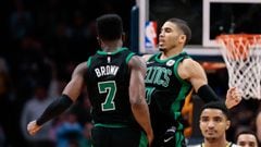 Jan 29, 2018; Denver, CO, USA; Boston Celtics guard Jaylen Brown (7) celebrates with forward Jayson Tatum (0) after a play in the fourth quarter against the Denver Nuggets at the Pepsi Center. Mandatory Credit: Isaiah J. Downing-USA TODAY Sports