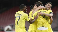 Villarreal players celebrate Pina's equaliser