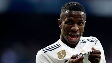 Real Madrid&#039;s Brazilian forward Vinicius Junior celebrates a goal during the Spanish league football match between Real Madrid CF and Real Valladolid FC at the Santiago Bernabeu stadium in Madrid on November 3, 2018. (Photo by JAVIER SORIANO / AFP)
