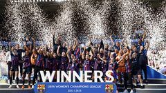 FC Barcelona team celebrating with the UEFA Women's Champions League trophy after the UEFA Women's Champions League final football match between FC Barcelona and Wolfsburg in Philips Stadium, in Eindhoven, on June 3, 2023. (Photo by MAURICE VAN STEEN / ANP / AFP) / Netherlands OUT