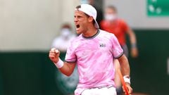 PARIS, FRANCE - JUNE 07: Diego Schwartzman of Argentina celebrates in their mens singles fourth round match against Jan-Lennard Struff of Germany during day nine of the 2021 French Open at Roland Garros on June 07, 2021 in Paris, France. (Photo by Julian 