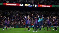 BARCELONA, SPAIN - MARCH 19: Players of FC Barcelona celebrate their side's victory as the final score-line of 2-2 is seen on the LED screen after the LaLiga Santander match between FC Barcelona and Real Madrid CF at Spotify Camp Nou on March 19, 2023 in Barcelona, Spain. (Photo by Alex Caparros/Getty Images)