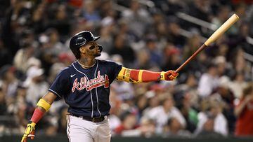WASHINGTON, DC - SEPTEMBER 27: Ronald Acuna Jr. #13 of the Atlanta Braves hits a home run in the seventh inning against the Washington Nationals at Nationals Park on September 27, 2022 in Washington, DC.   Greg Fiume/Getty Images/AFP