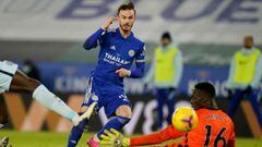 Leicester City&#039;s English midfielder James Maddison (L) scores his team&#039;s second goal during the English Premier League football match between Leicester City and Chelsea at the King Power Stadium in Leicester, central England on January 19, 2021.