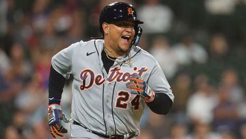 CHICAGO, ILLINOIS - SEPTEMBER 01: Miguel Cabrera #24 of the Detroit Tigers reacts after hitting a single, the 3,154 hit of his career, during the eighth inning against the Chicago White Sox at Guaranteed Rate Field on September 01, 2023 in Chicago, Illinois.   Michael Reaves/Getty Images/AFP (Photo by Michael Reaves / GETTY IMAGES NORTH AMERICA / Getty Images via AFP)