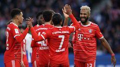Bayern Munich's Cameroonian forward Eric Maxim Choupo-Moting (R) celebrates scoring his team's third goal (0-3) during the German first division Bundesliga football match between Hertha Berlin and FC Bayern Munich in Berlin on November 5, 2022. (Photo by Ronny HARTMANN / AFP) / DFL REGULATIONS PROHIBIT ANY USE OF PHOTOGRAPHS AS IMAGE SEQUENCES AND/OR QUASI-VIDEO