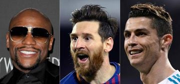 (COMBO) This combination of file pictures created on June 05, 2018 shows (L-R) former US boxer Floyd Mayweather in Los Angeles, California, on February 25, 2017; Barcelona's Argentinian forward Lionel Messi in Barcelona on May 6, 2018; and Real Madrid's P