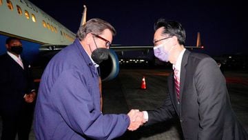 Taiwan's Foreign Ministry Department of North American Affairs Director-General Douglas Hsu welcomes U.S. Representative John Garamendi at Taipei Songshan Airport in Taipei, Taiwan in this handout image released August 14, 2022. Taiwan Ministry of Foreign Affairs/Handout via REUTERS  ATTENTION EDITORS - THIS IMAGE WAS PROVIDED BY A THIRD PARTY. NO RESALES. NO ARCHIVES.