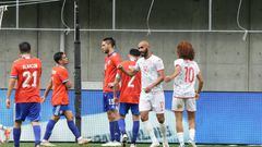 KOBE, JAPAN - JUNE 10: Issam Jebali (2nd R) of Tunisia celebrates scoring his side's second goal with his teammate Hannibal Mejbri (1st R) during the international friendly match between Chile and Tunisia at Noevir Stadium Kobe on June 10, 2022 in Kobe, Hyogo, Japan. (Photo by Koji Watanabe/Getty Images)