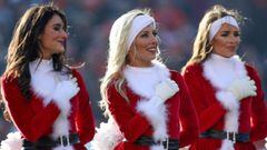 Denver Broncos cheerleaders wearing Christmas-themed costumes