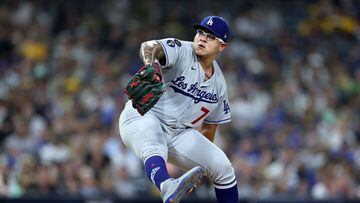 SAN DIEGO, CALIFORNIA - SEPTEMBER 28: Julio Urias #7 of the Los Angeles Dodgers pitches during the first inning of a game against the San Diego Padres at PETCO Park on September 28, 2022 in San Diego, California.   Sean M. Haffey/Getty Images/AFP