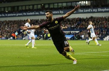 Manchester City's Sergio Aguero wheels away after scoring the opener at The Hawthorns.