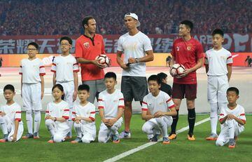 Cristiano Ronaldo gets involved in pre-match fun ahead of the CSL game between Shanghai SIPG and Guangzhou Evergrande at Shanghai Stadium on July 22, 2017.