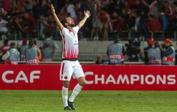 A player from Wydad Casablanca celebrates after his team scored a goal during the CAF Champions League final football match between Egypt's Al-Ahly and Morocco's Wydad Casablanca on November 4, 2017, at Mohamed V Stadium in Casablanca. 