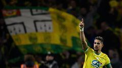 Nantes' French midfielder Ludovic Blas celebrates scoring the first goal during the French Cup semi-final football match between FC Nantes and Lyon at the La Beaujoire Stadium in Nantes, western France on April 5, 2023. (Photo by LOIC VENANCE / AFP)