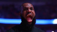 CHICAGO, ILLINOIS - MARCH 29: LeBron James #6 of the Los Angeles Lakers reacts prior to the game against the Chicago Bulls at United Center on March 29, 2023 in Chicago, Illinois. NOTE TO USER: User expressly acknowledges and agrees that, by downloading and or using this photograph, User is consenting to the terms and conditions of the Getty Images License Agreement.   Michael Reaves/Getty Images/AFP (Photo by Michael Reaves / GETTY IMAGES NORTH AMERICA / Getty Images via AFP)