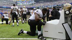 EAST RUTHERFORD, NJ - SEPTEMBER 18:  Nick Fairley #90 of the New Orleans Saints takes a knee before playing against the New York Giants during the second half at MetLife Stadium on September 18, 2016 in East Rutherford, New Jersey.  (Photo by Michael Reaves/Getty Images)