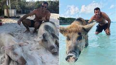 El exfutbolista portugu&eacute;s Luis Figo posando con unos cerdos en en el Cayo Big Major del distrito de Exuma, conocido informalmente como la &quot;Isla de los Cerdos&quot; (&quot;Pig Beach&quot; en ingl&eacute;s).