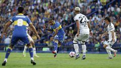 Boca Juniors' Colombian forward Sebastian Villa (C) shots the ball next Central Cordoba's midfielder Enzo Kalinski (2nd-R) during their Argentine Professional Football League Tournament 2023 match at La Bombonera stadium in Buenos Aires, on February 5, 2023. (Photo by ALEJANDRO PAGNI / AFP) (Photo by ALEJANDRO PAGNI/AFP via Getty Images)