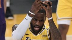 LOS ANGELES, CALIFORNIA - JUNE 03: LeBron James #23 of the Los Angeles Lakers reacts after a Phoenix Suns foul in the second quarter during game six of the Western Conference first round series at Staples Center on June 03, 2021 in Los Angeles, California