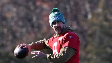 11/29/23 -  Jets quarterback Aaron Rodgers (8) practices in Florham Park, NJ.  Photo by Bill Kostroun
Jets