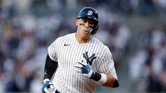 NEW YORK, NEW YORK - APRIL 19: Aaron Judge #99 of the New York Yankees rounds the bases after hitting a two-run home run during the first inning against the Los Angeles Angels at Yankee Stadium on April 19, 2023 in the Bronx borough of New York City.   Sarah Stier/Getty Images/AFP (Photo by Sarah Stier / GETTY IMAGES NORTH AMERICA / Getty Images via AFP)