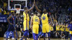 Feb 24, 2018; Oakland, CA, USA; Golden State Warriors forward Kevin Durant (35) is congratulated by forward Draymond Green (23) after making a three point basket against the Oklahoma City Thunder in the second quarter at Oracle Arena. Mandatory Credit: Ca
