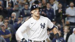 NEW YORK, NEW YORK - SEPTEMBER 22: Aaron Judge #99 of the New York Yankees reacts after being walked by Michael Wacha #52 of the Boston Red Sox (not pictured) during the third inning at Yankee Stadium on September 22, 2022 in the Bronx borough of New York City.   Sarah Stier/Getty Images/AFP
