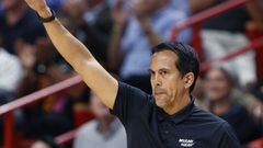 Feb 28, 2022; Miami, Florida, USA;  Miami Heat head coach Erik Spoelstra gestures against the Chicago Bulls during the second half at FTX Arena. Mandatory Credit: Rhona Wise-USA TODAY Sports