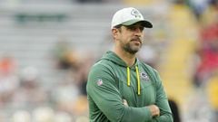GREEN BAY, WISCONSIN - AUGUST 19: Aaron Rodgers #12 of the Green Bay Packers looks on before a preseason game against the New Orleans Saints at Lambeau Field on August 19, 2022 in Green Bay, Wisconsin.   Patrick McDermott/Getty Images/AFP
== FOR NEWSPAPERS, INTERNET, TELCOS & TELEVISION USE ONLY ==