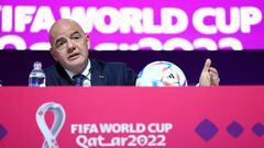 19 November 2022, Qatar, Al-Rajjan: Soccer, preparation for the World Cup in Qatar, FIFA press conference, FIFA President Gianni Infantino speaks at a PK. Photo: Tom Weller/dpa (Photo by Tom Weller/picture alliance via Getty Images)