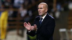Real Madrid&#039;s French coach Zinedine Zidane applauds to celebrate a goal during the Spanish Copa del Rey (King&#039;s Cup) round of 32 first leg football match between Cultural y Deportiva Leonesa and Real Madrid at the Reino de Leon stadium in Leon, 