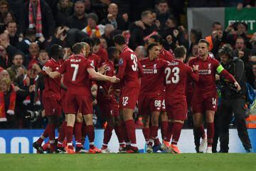 LIVERPOOL, ENGLAND - MAY 07:  Georginio Wijnaldum of Liverpool (obscured) celebrates as he scores his team's second goal during the UEFA Champions League Semi Final second leg match between Liverpool and Barcelona at Anfield on May 07, 2019 in Liverpool, 