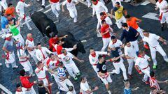 PAMPLONA, SPAIN - JULY 11: People are seen running at the fifth running of the bulls in San Ferm&Atilde;&shy;n on July 11, 2019 in Pamplona, Spain. (Photo by &Atilde;scar J.Barroso/Europa Press via Getty Images)  (Photo by Europa Press News/Europa Press via Getty Images )