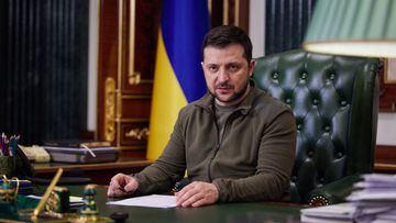 In this handout picture taken by the Ukrainian Presidency Press Office and released early on March 16, 2022, Ukrainian President Volodymyr Zelenskyy delivers a video address in Kyiv.