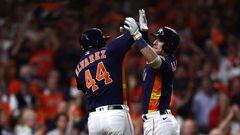 HOUSTON, TEXAS - OCTOBER 20: Alex Bregman #2 of the Houston Astros celebrates his three-run home run against the New York Yankees with Yordan Alvarez #44 during the third inning in game two of the American League Championship Series at Minute Maid Park on October 20, 2022 in Houston, Texas.   Tom Pennington/Getty Images/AFP