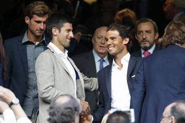 Nadal and Djokovic taking a break from the courts to watch Real Madrid-Manchester City