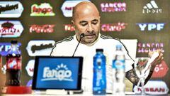BUENOS AIRES, ARGENTINA - MAY 21: Jorge Sampaoli coach of Argentina checks his note pad during the Argentina squad announcement for FIFA Russia 2018 at Julio Humberto Grondona Training Camp on May 21, 2018 in Buenos Aires, Argentina. (Photo by Amilcar Orf