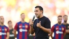 Barcelona's Spanish coach Xavi delivers a speech prior to the 58th Joan Gamper Trophy football match between FC Barcelona and Tottenham Hotspur FC at the Estadi Olimpic Lluis Companys in Barcelona on August 8, 2023. (Photo by Pau BARRENA / AFP)