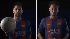 Lionel Messi y Neymar en la campaña #SignAndPass lanzada por la Fundación F.C. Barcelona y ACNUR para apoyar a los refugiados.