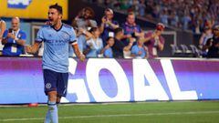 Aug 20, 2017; New York, NY, USA; New York City FC forward David Villa (7) celebrates a stoppage time goal by New York City FC forward Jonathan Lewis (not pictured) during the second half against the New England Revolution at Yankee Stadium. Mandatory Cred