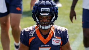 Jul 28, 2023; Englewood, CO, USA; Denver Broncos quarterback Russell Wilson (3) during training camp at Centura Health Training Center. Mandatory Credit: Isaiah J. Downing-USA TODAY Sports