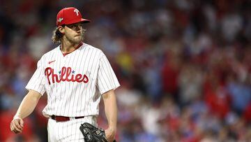 PHILADELPHIA, PENNSYLVANIA - OCTOBER 23: Aaron Nola #27 of the Philadelphia Phillies exits the game in the fifth inning against the Arizona Diamondbacks during Game Six of the Championship Series at Citizens Bank Park on October 23, 2023 in Philadelphia, Pennsylvania.   Tim Nwachukwu/Getty Images/AFP (Photo by Tim Nwachukwu / GETTY IMAGES NORTH AMERICA / Getty Images via AFP)