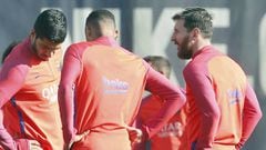 Messi, Luis Su&aacute;rez y Neymar, durante un entrenamiento del Barcelona.