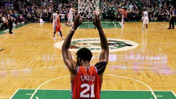 BOSTON, MA - APRIL 30: Joel Embiid #21 of the Philadelphia 76ers looks on during Game One in Round Two of the 2018 NBA Playoffs against the Boston Celtics at TD Garden on April 30, 2018 in Boston, Massachusetts. The Celtics defeat the 76ers 117-101. (Phot