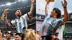 (COMBO) This combination of pictures created on December 18, 2022 shows Argentina's forward Lionel Messi (L) holding the World Cup trophy after beating France during the Qatar 2022 World Cup final football match at Lusail Stadium in Lusail, north of Doha on December 18, 2022 and Argentina's captain Diego Armando Maradona (R) holding the World Cup  trophy won by his team after a 3-2 victory over West Germany on June 29, 1986 at the Azteca Stadium in Mexico City. (Photo by Anne-Christine POUJOULAT / AFP)
