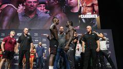 LAS VEGAS, NEVADA - JULY 01: (L-R) Opponents Israel Adesanya of Nigeria and Jared Cannonier face off during the UFC 276 ceremonial weigh-in at T-Mobile Arena on July 01, 2022 in Las Vegas, Nevada. (Photo by Chris Unger/Zuffa LLC)