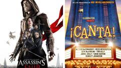 Carteles de 'Assassins's Creed' y '¡Canta!', dos de las películas que llegan a nuestras carteleras este viernes previo a que den comienzo las fiestas de Navidad.