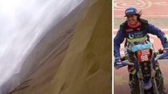 El sufrimiento de una corredora al intentar levantar su moto
